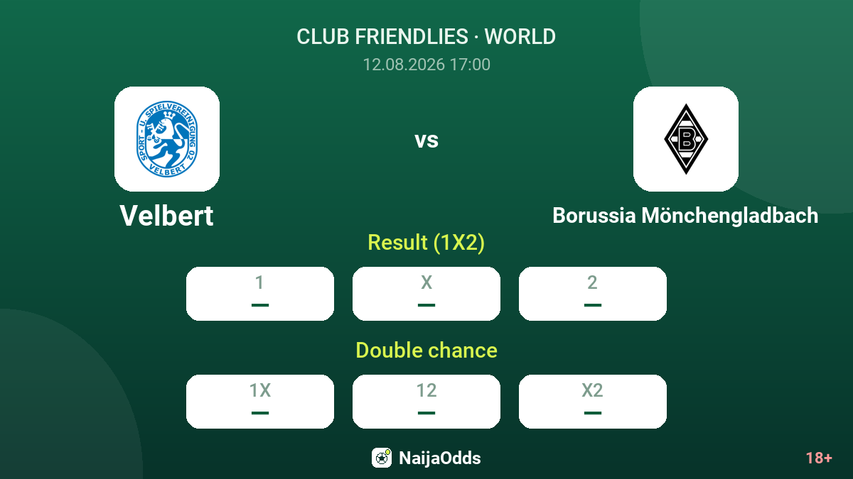 Velbert vs Borussia Mönchengladbach — odds
